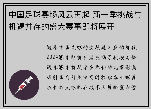 中国足球赛场风云再起 新一季挑战与机遇并存的盛大赛事即将展开